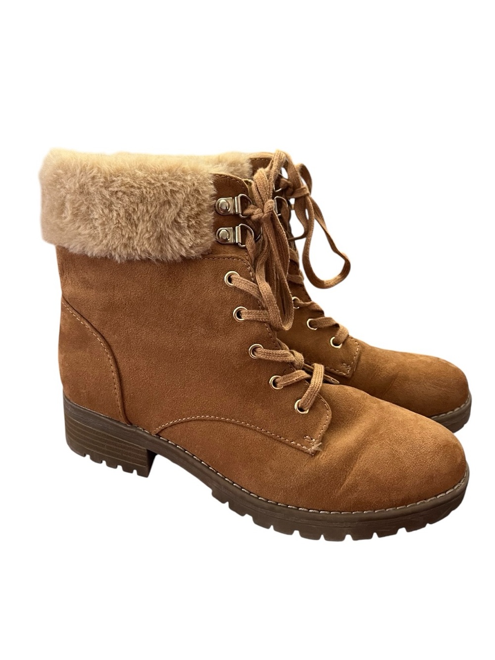 Old Navy Lace Up Combat Boots Faux Fur Trim Lug Sole Brown 8
